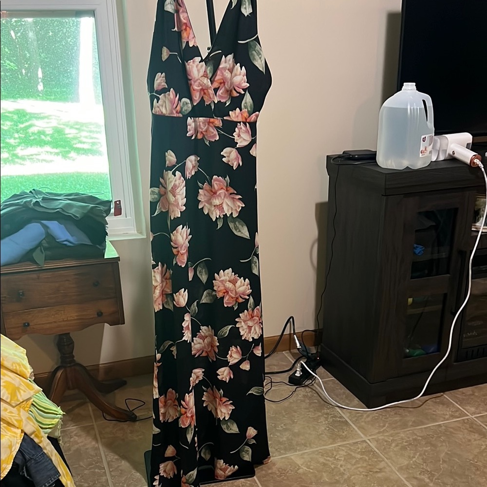 Lush Black Maxi Dress with Pink Floral Pattern